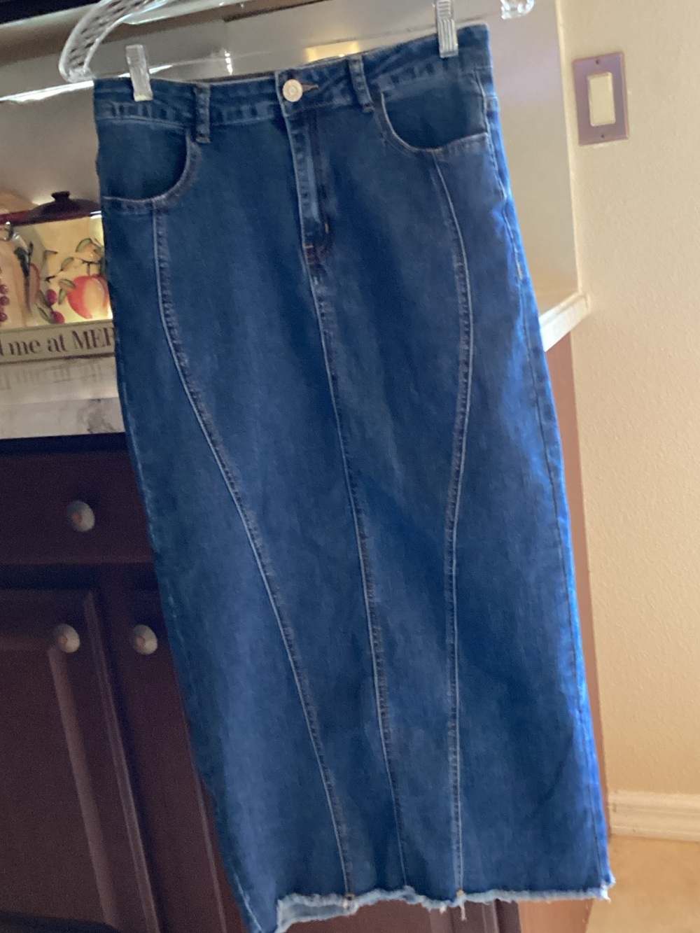 Women's Blue Denim Straight Midi Skirt - Classic Panel Detail 34” Length